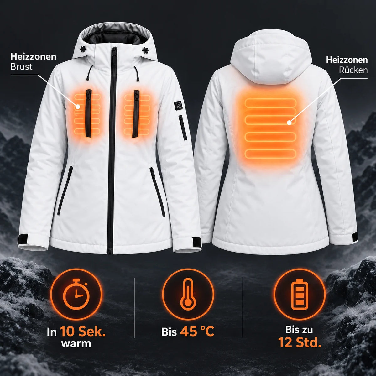 Parka chauffant pour femme PyreFit Glacio : zones chauffantes à la poitrine et au dos