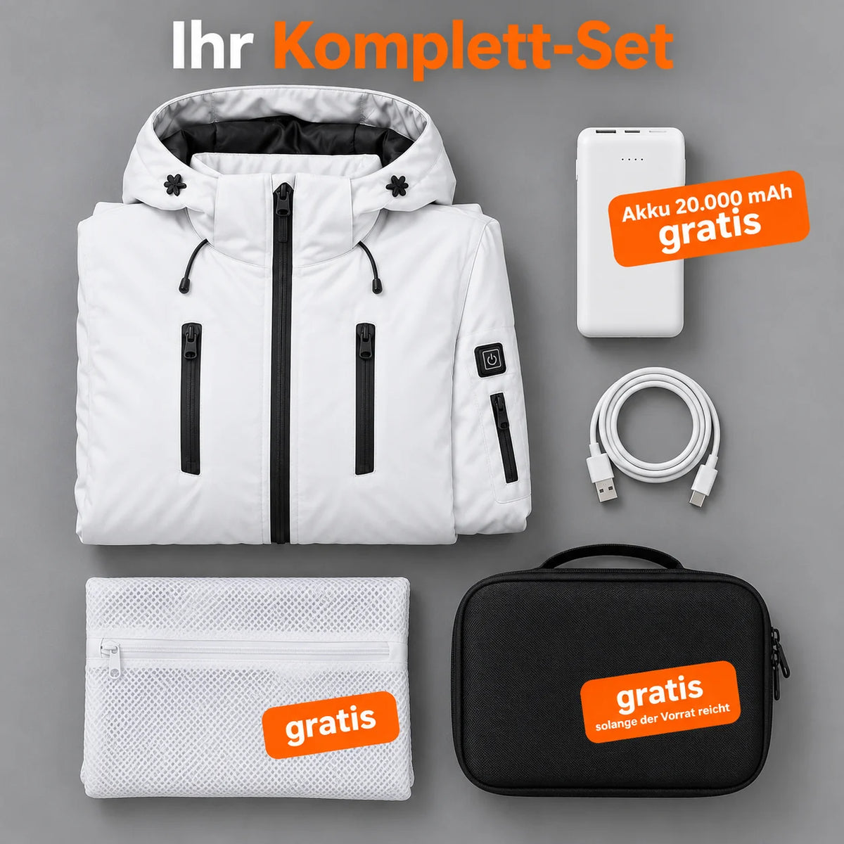 Ensemble complet : Glacio, batterie 20 000 mAh, câble de recharge, sac de lavage et sac de rangement