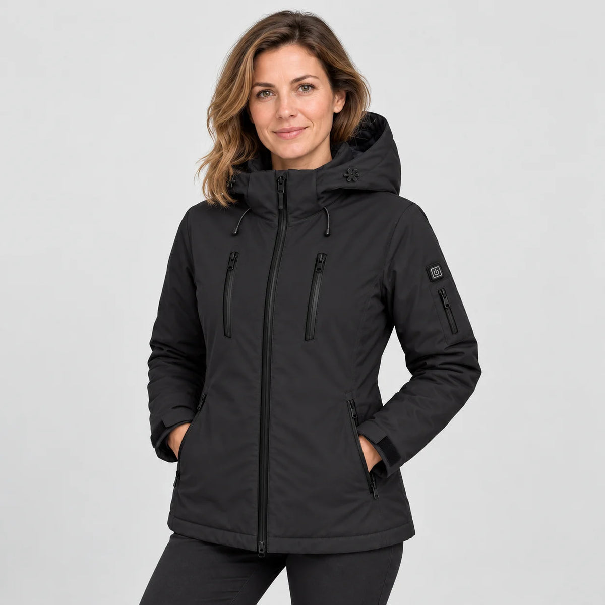 Women's heated parka PyreFit Glacio in black, front view