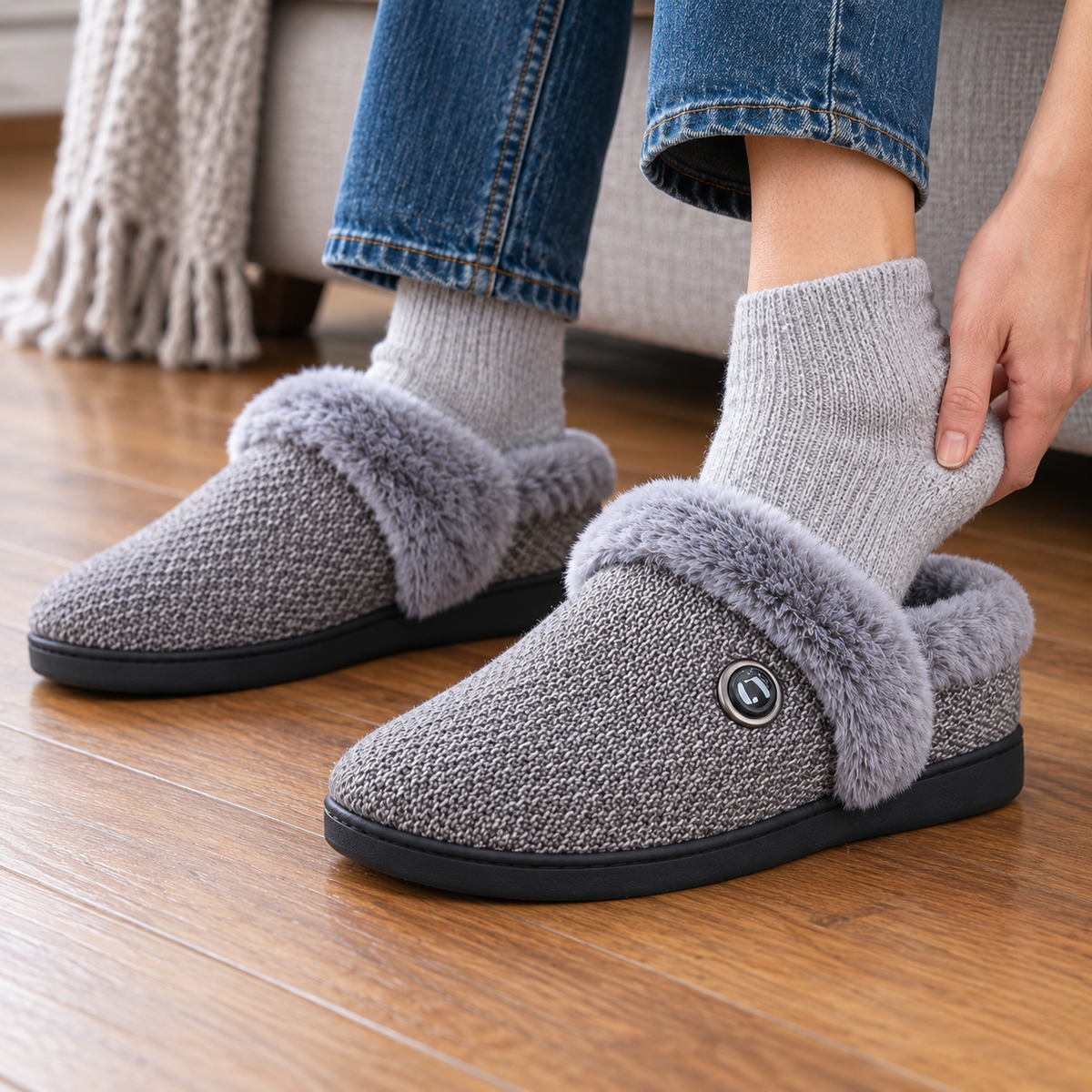 Foot in a sock slipping into a grey heated slipper