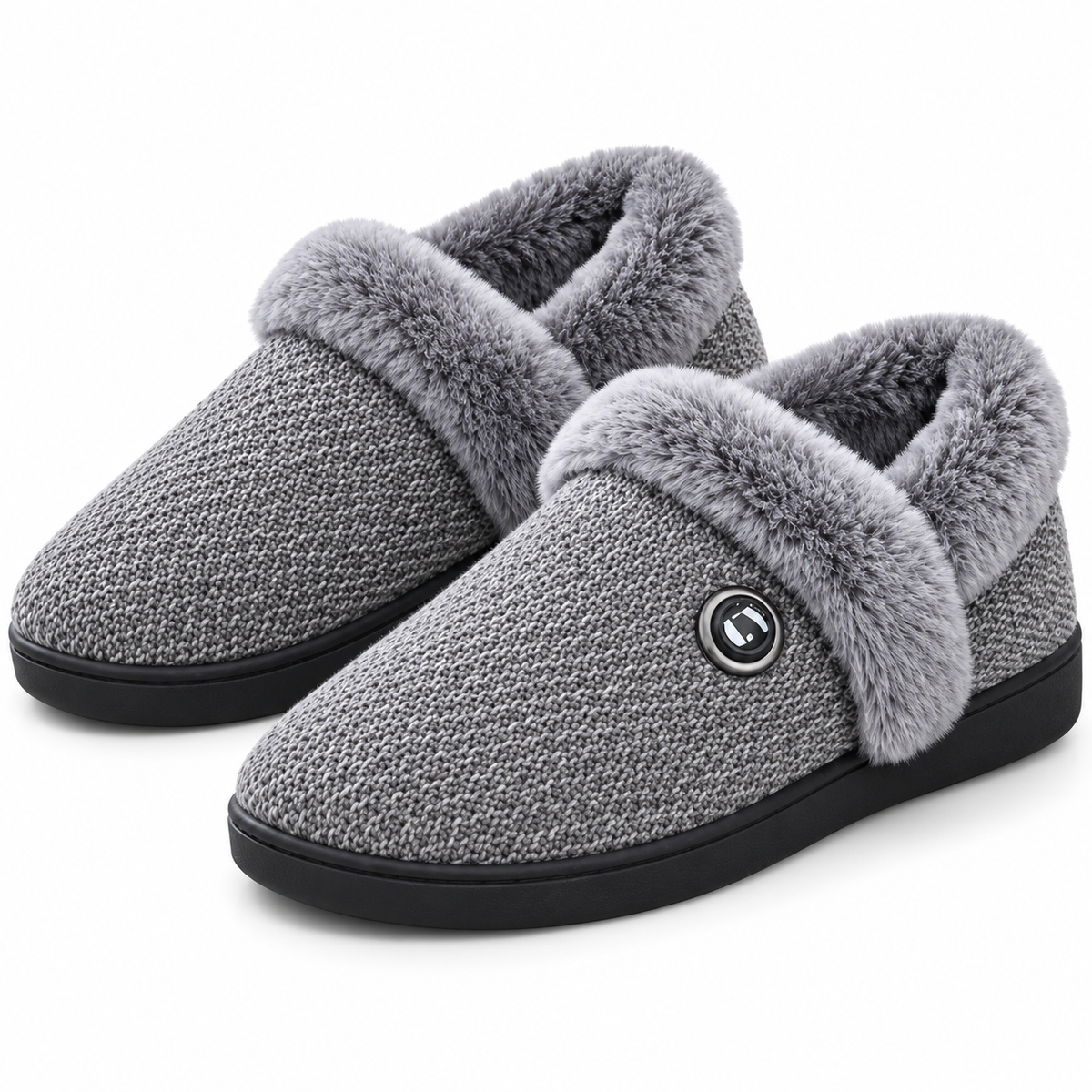 Battery-powered heated slippers by PyreFit in grey, pair with plush collar and heat button