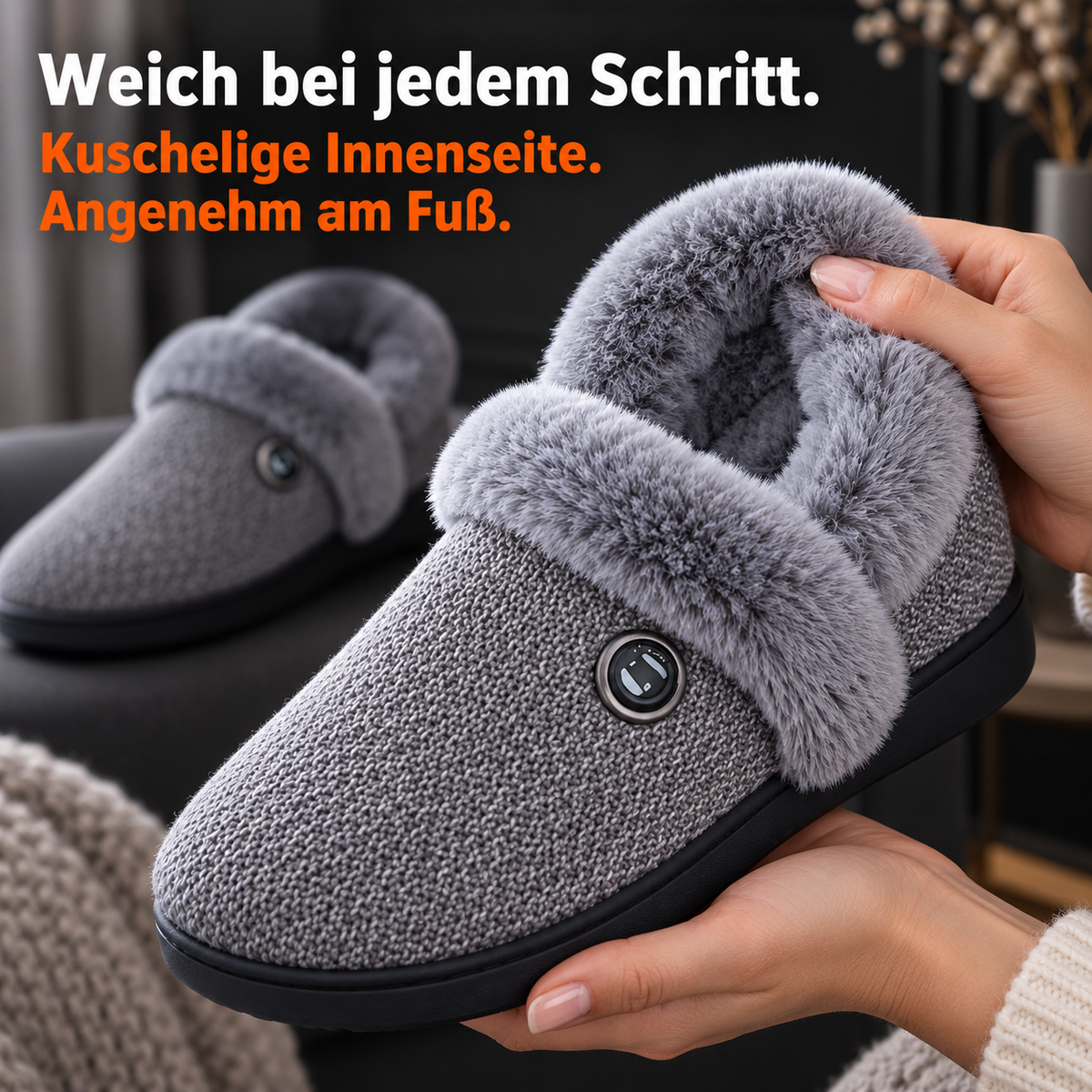 Main montrant la doublure en peluche douce des pantoufles chauffantes