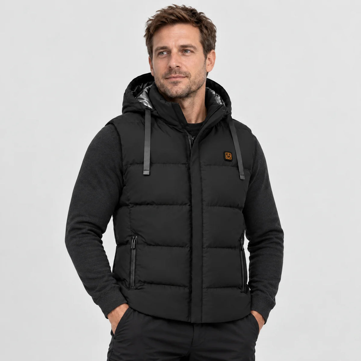 Unisex heated hooded vest PyreFit Horizonor, worn, front view