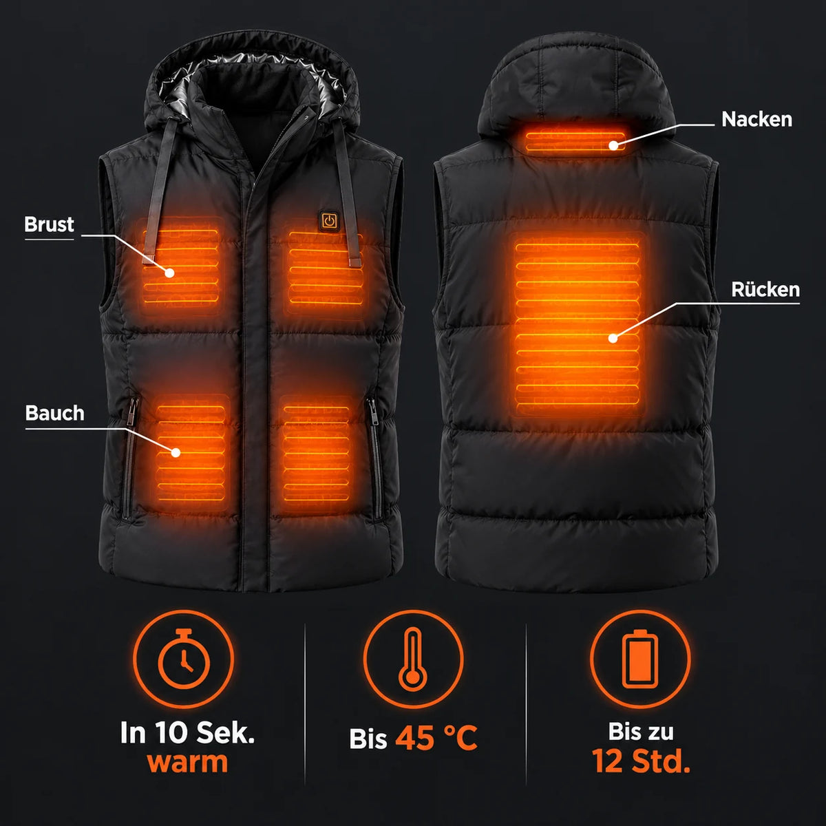 Veste chauffante sans manches à capuchon unisexe PyreFit Horizonor : zones chauffantes à la poitrine, au ventre, à la nuque et au dos