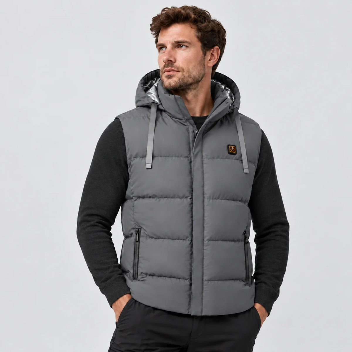Unisex heated hooded vest PyreFit Horizonor in grey, front view