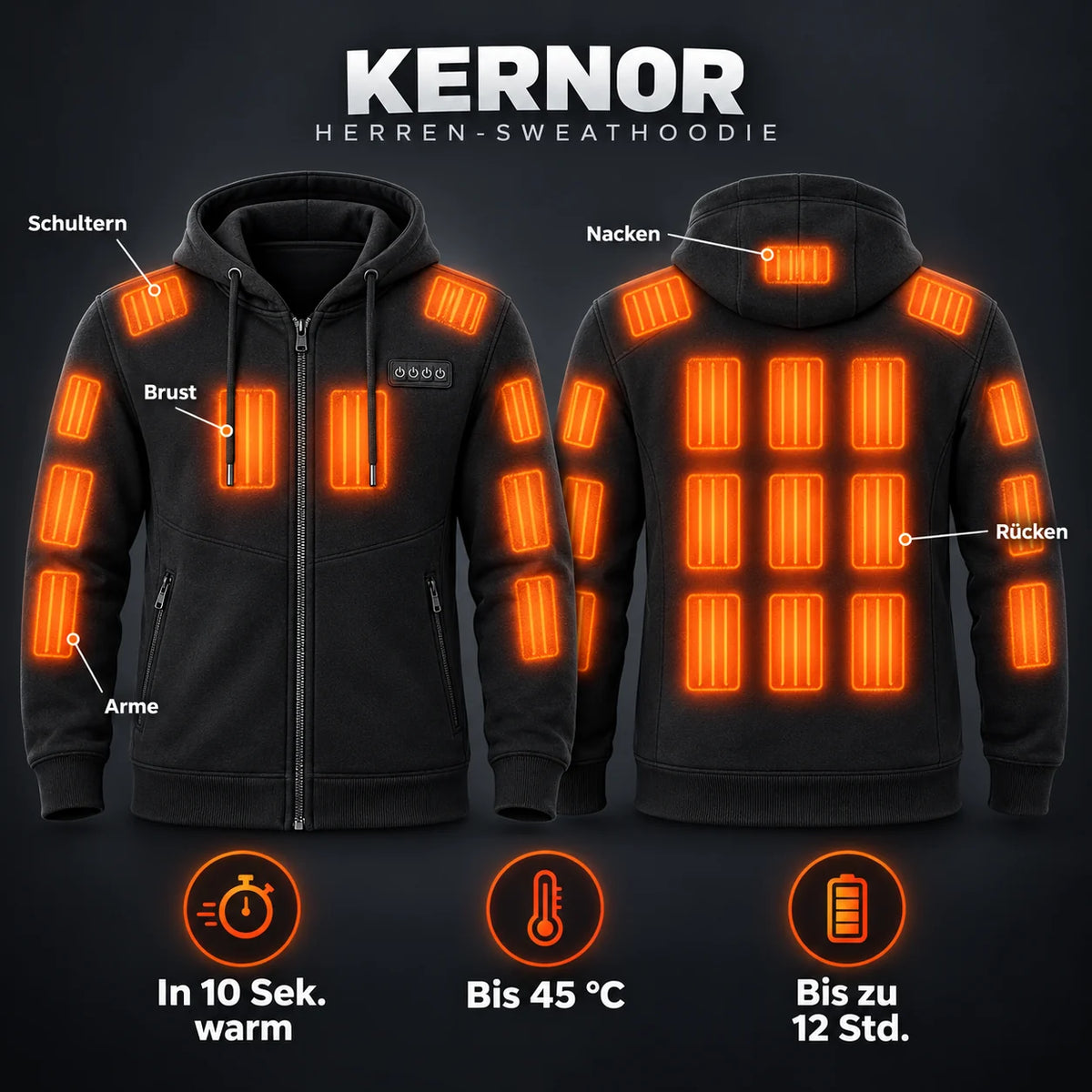 Men's heated sweatshirt hoodie PyreFit Kernor: 23 heating zones across the arms, shoulders, neck, chest and back