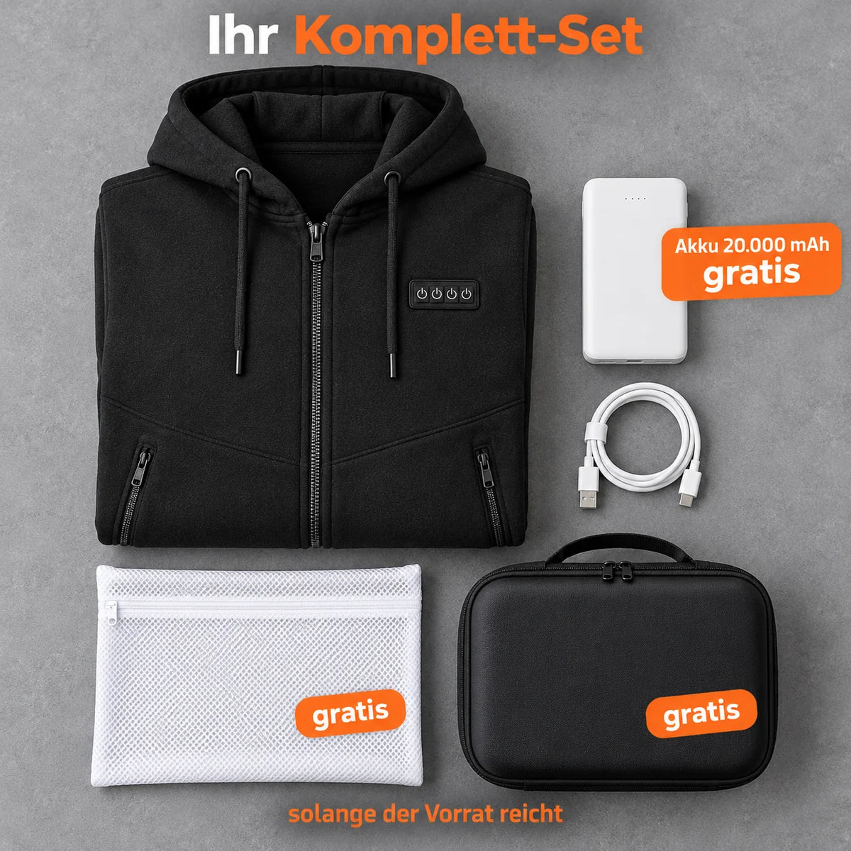 Complete Set: Kernor, 20,000 mAh power bank, charging cable, laundry bag and storage bag