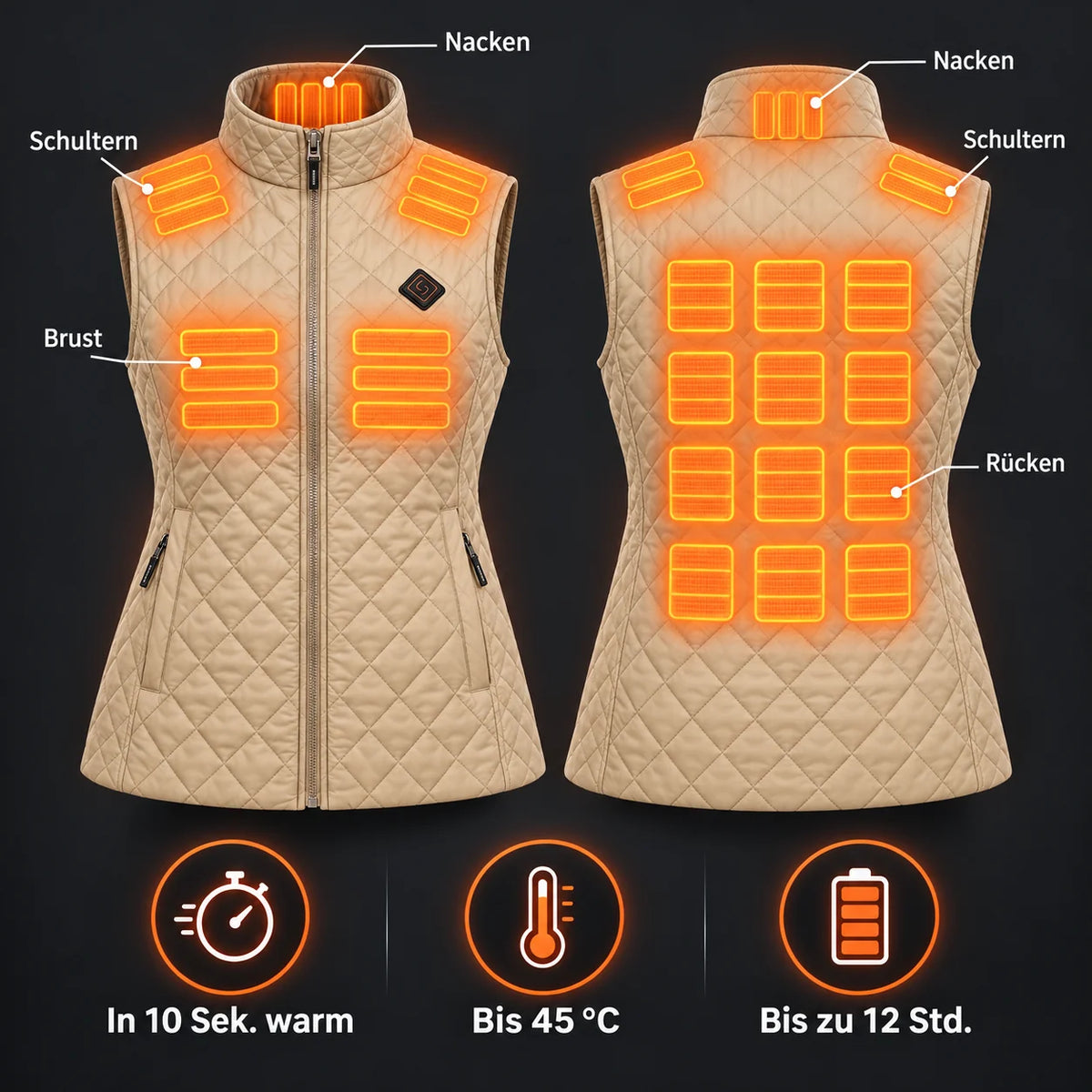 Veste chauffante sans manches pour femme PyreFit Librato : 21 zones chauffantes à la nuque, aux épaules, à la poitrine et au dos