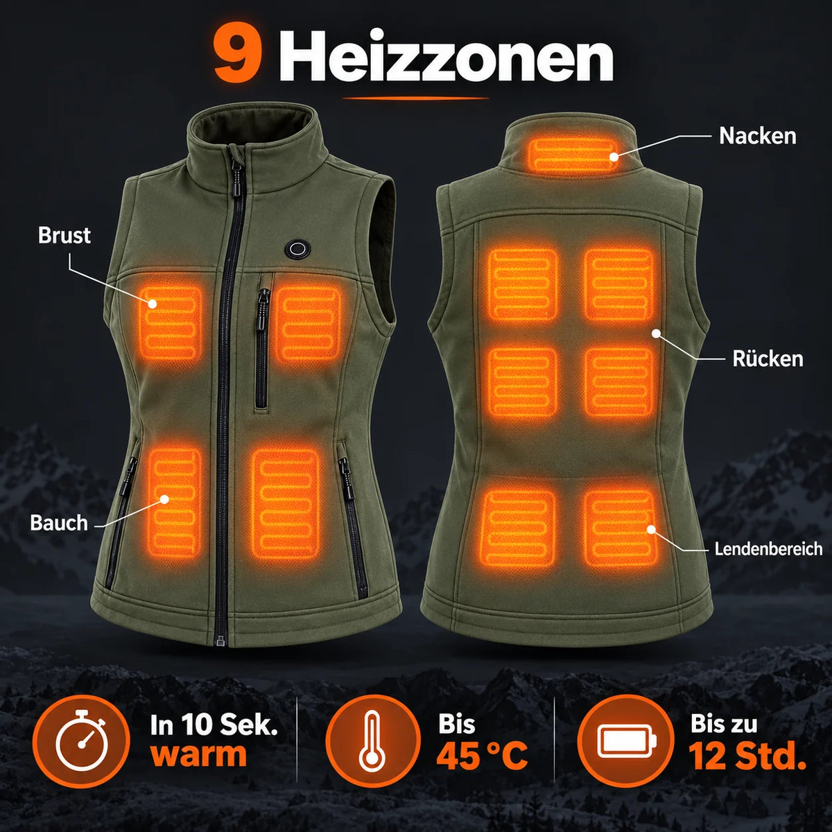 Veste chauffante sans manches pour femme PyreFit Mellora : 9 zones chauffantes à la nuque, à la poitrine, au ventre, au dos et au bas du dos