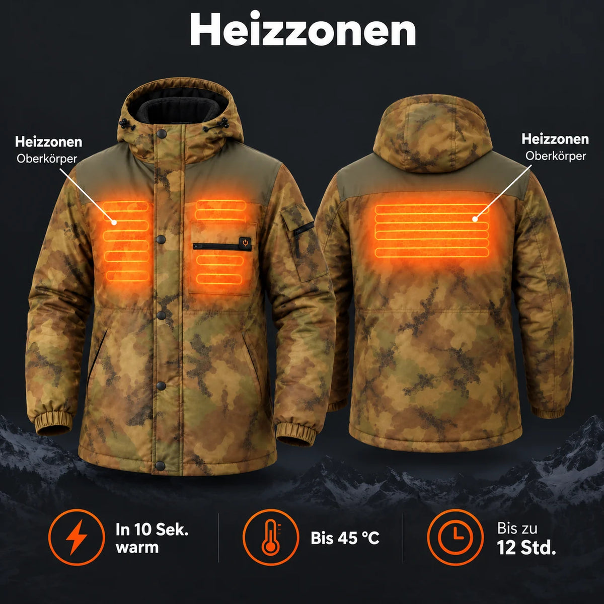 Manteau long chauffant camouflage pour homme PyreFit Mistro : zones chauffantes au haut du corps