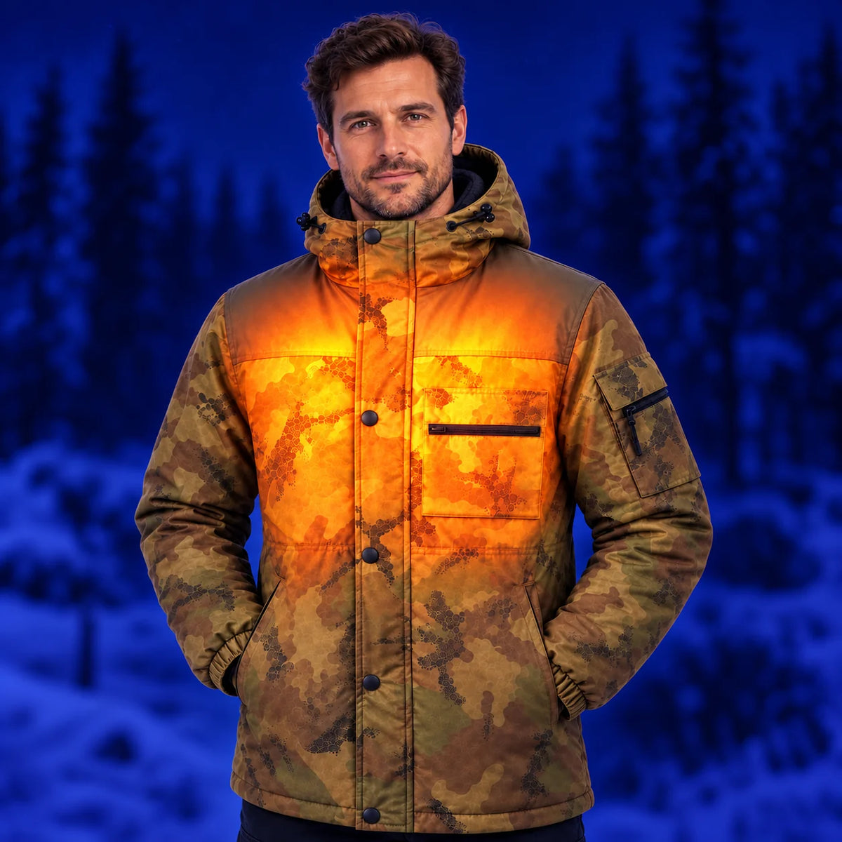 Men's heated camo coat PyreFit Mistro – warmth across the upper body