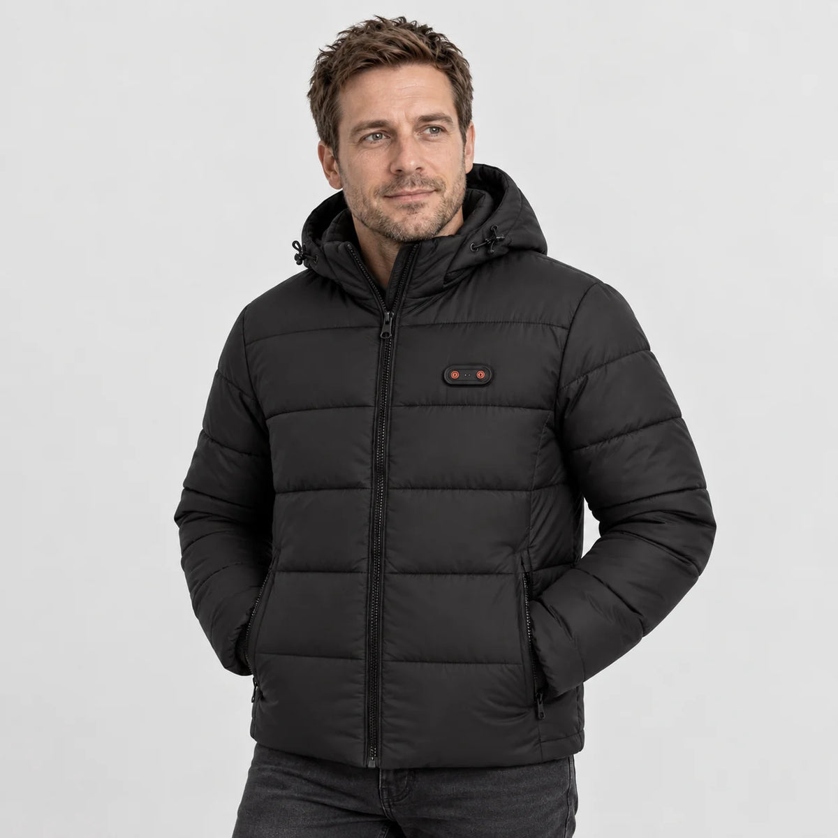Heated winter coat PyreFit Nordik in black, worn, front view