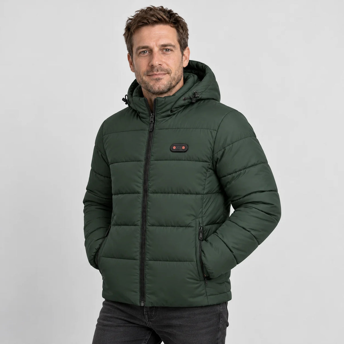 Heated winter coat PyreFit Nordik in green, front view