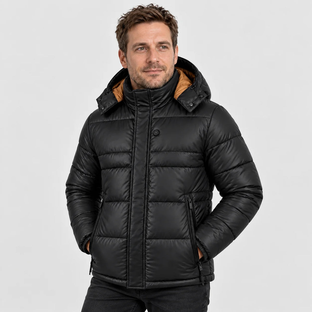 Men's heated puffer jacket PyreFit Norvia, worn, front view