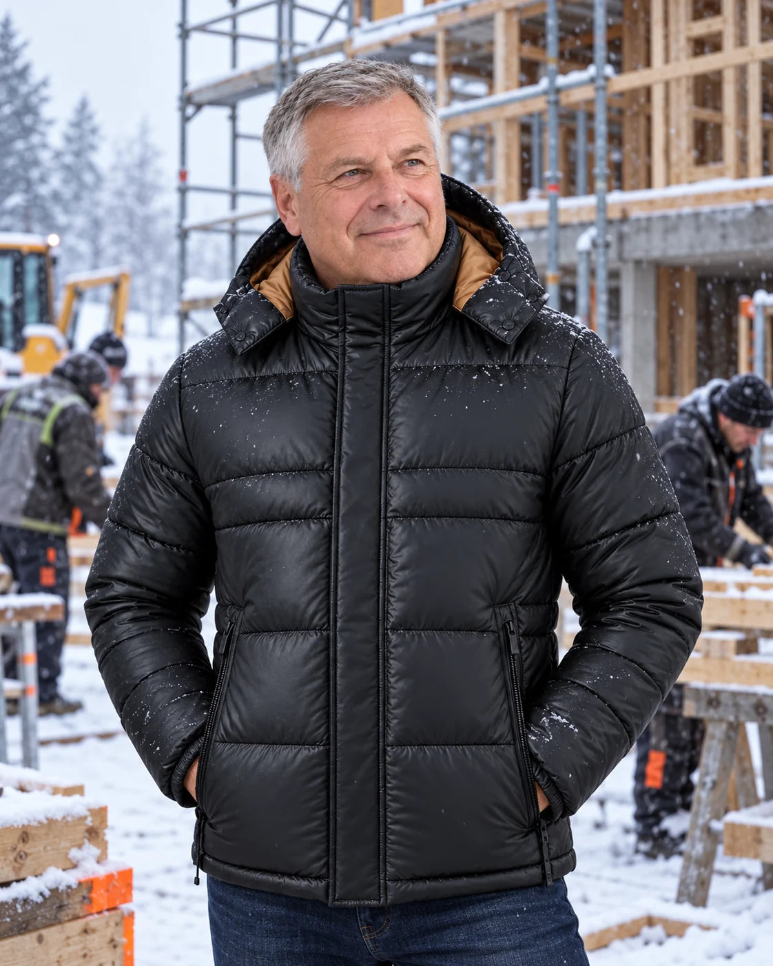 Men's heated puffer jacket PyreFit Norvia on a winter day: on the construction site