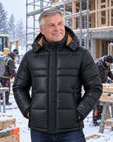 Men's heated puffer jacket PyreFit Norvia on a winter day: on the construction site