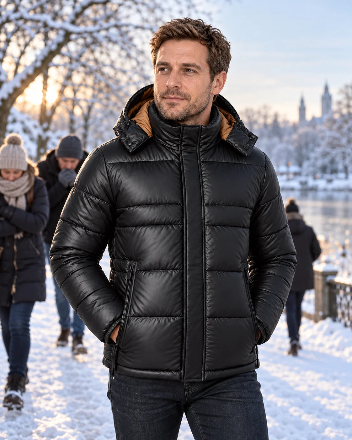 Men's heated puffer jacket PyreFit Norvia on a winter day: on the weekend
