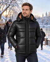 Men's heated puffer jacket PyreFit Norvia on a winter day: on the weekend