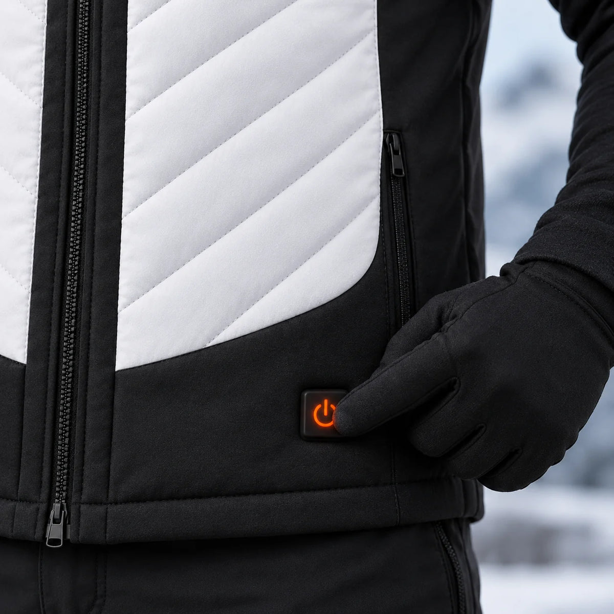 Veste chauffante sans manches sport pour homme PyreFit Novaro, gros plan sur le bouton de commande