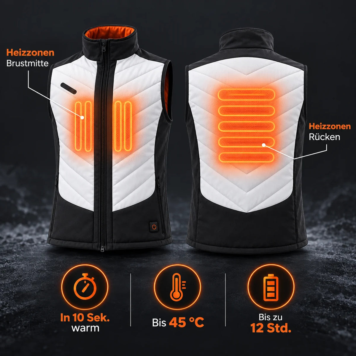 Veste chauffante sans manches sport pour homme PyreFit Novaro : zones chauffantes au centre de la poitrine et au dos