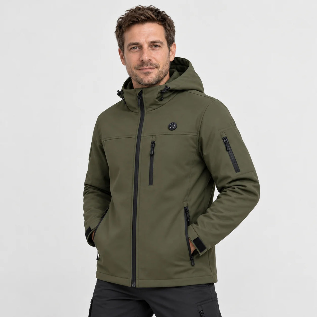 Heated softshell jacket PyreFit Novera, worn, front view