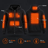 Unisex heated zip hoodie PyreFit Olivora: heating zones across the neck, chest, abdomen, arms and back