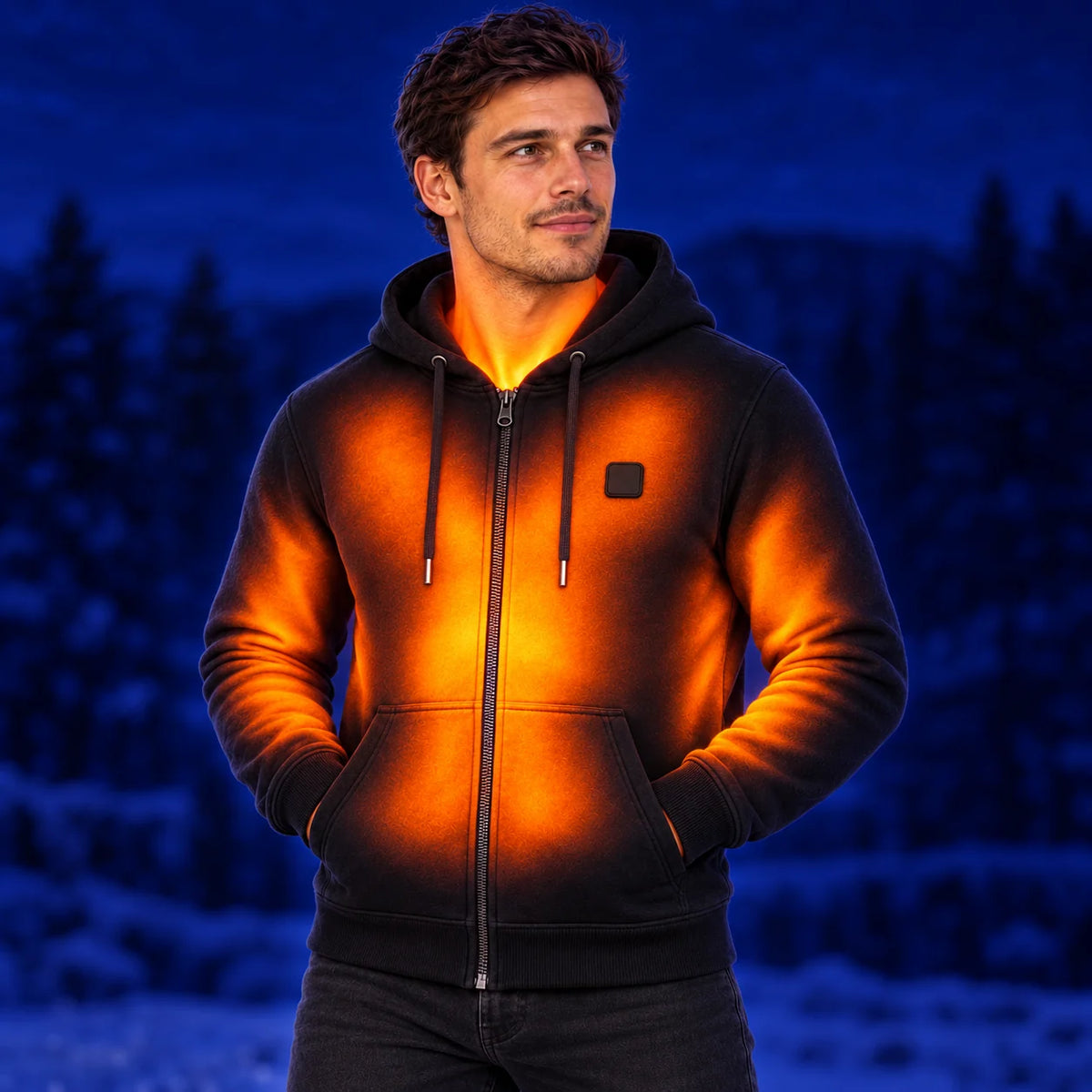 Unisex heated zip hoodie PyreFit Olivora – warmth across the neck, chest, abdomen, arms and back