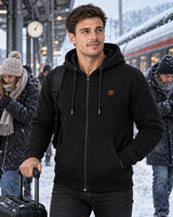 Unisex heated zip hoodie PyreFit Olivora on a winter day: while travelling