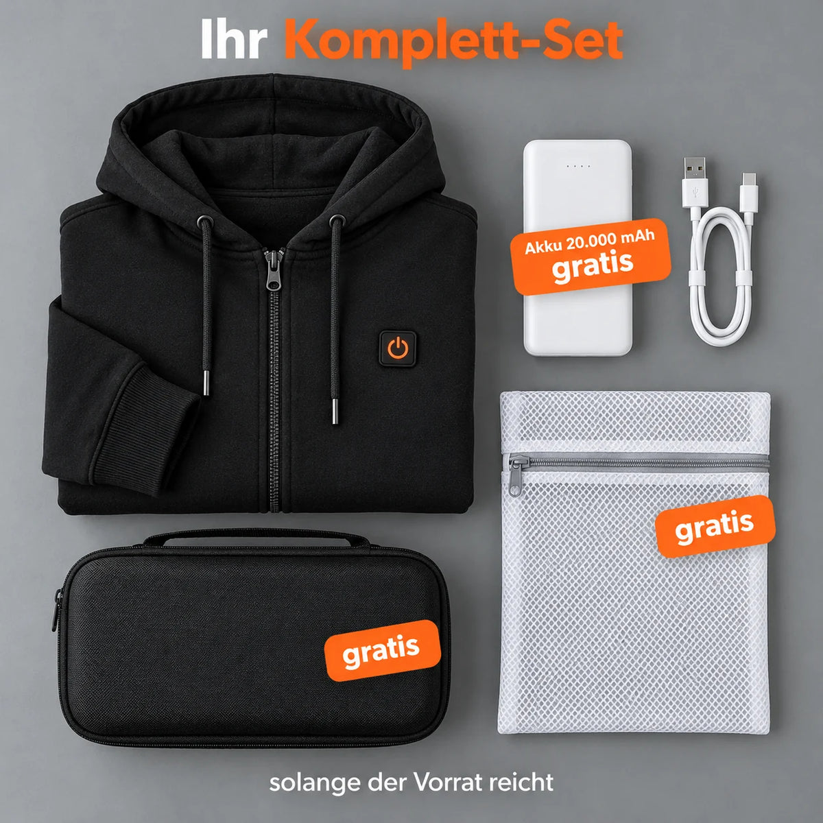 Complete Set: Olivora, 20,000 mAh power bank, charging cable, laundry bag and storage bag