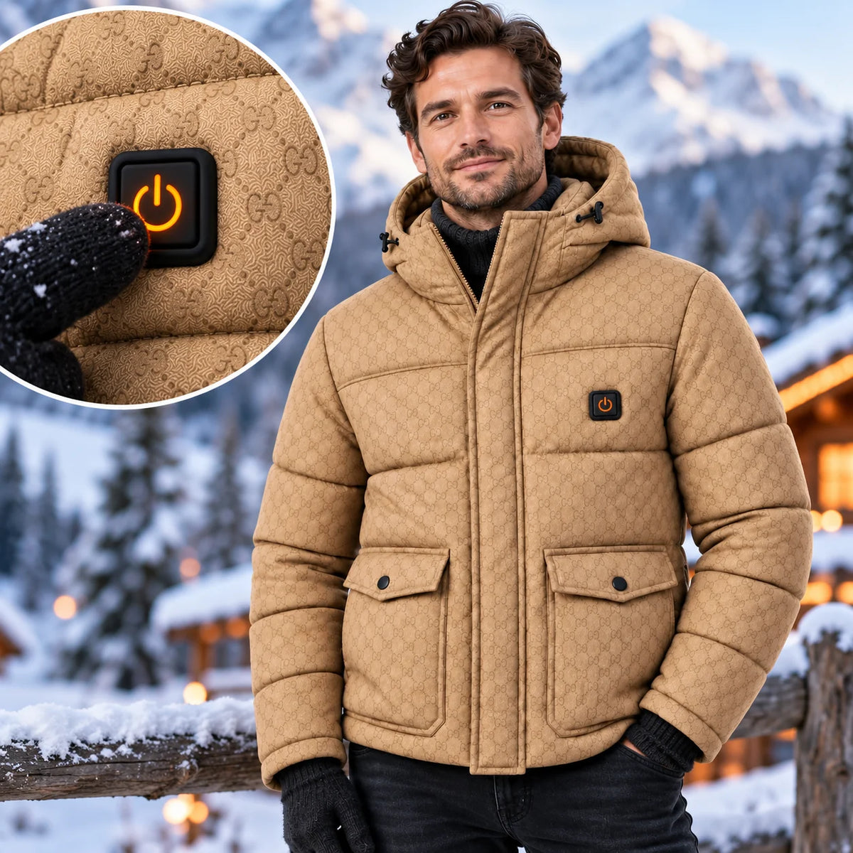 Men's heated puffer jacket PyreFit Orielle, control button close-up