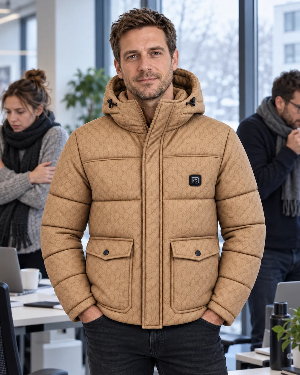 Men's heated puffer jacket PyreFit Orielle on a winter day: heading to the office