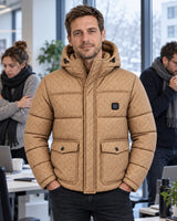 Men's heated puffer jacket PyreFit Orielle on a winter day: heading to the office