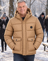Men's heated puffer jacket PyreFit Orielle on a winter day: on the weekend