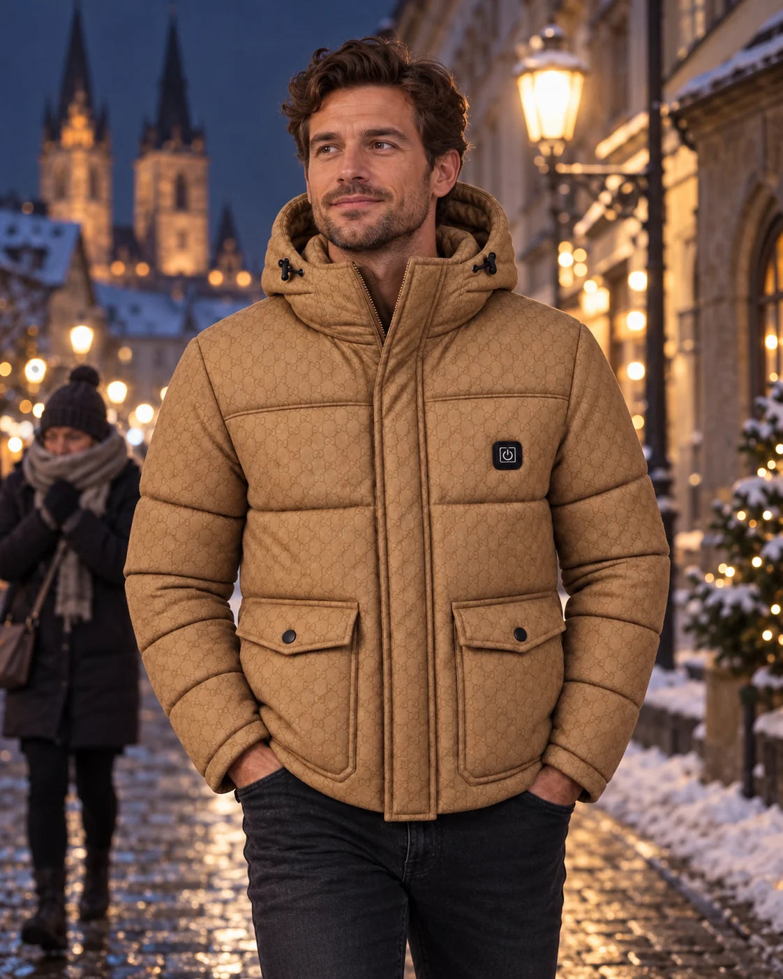 Men's heated puffer jacket PyreFit Orielle on a winter day: late in the evening