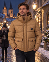 Men's heated puffer jacket PyreFit Orielle on a winter day: late in the evening