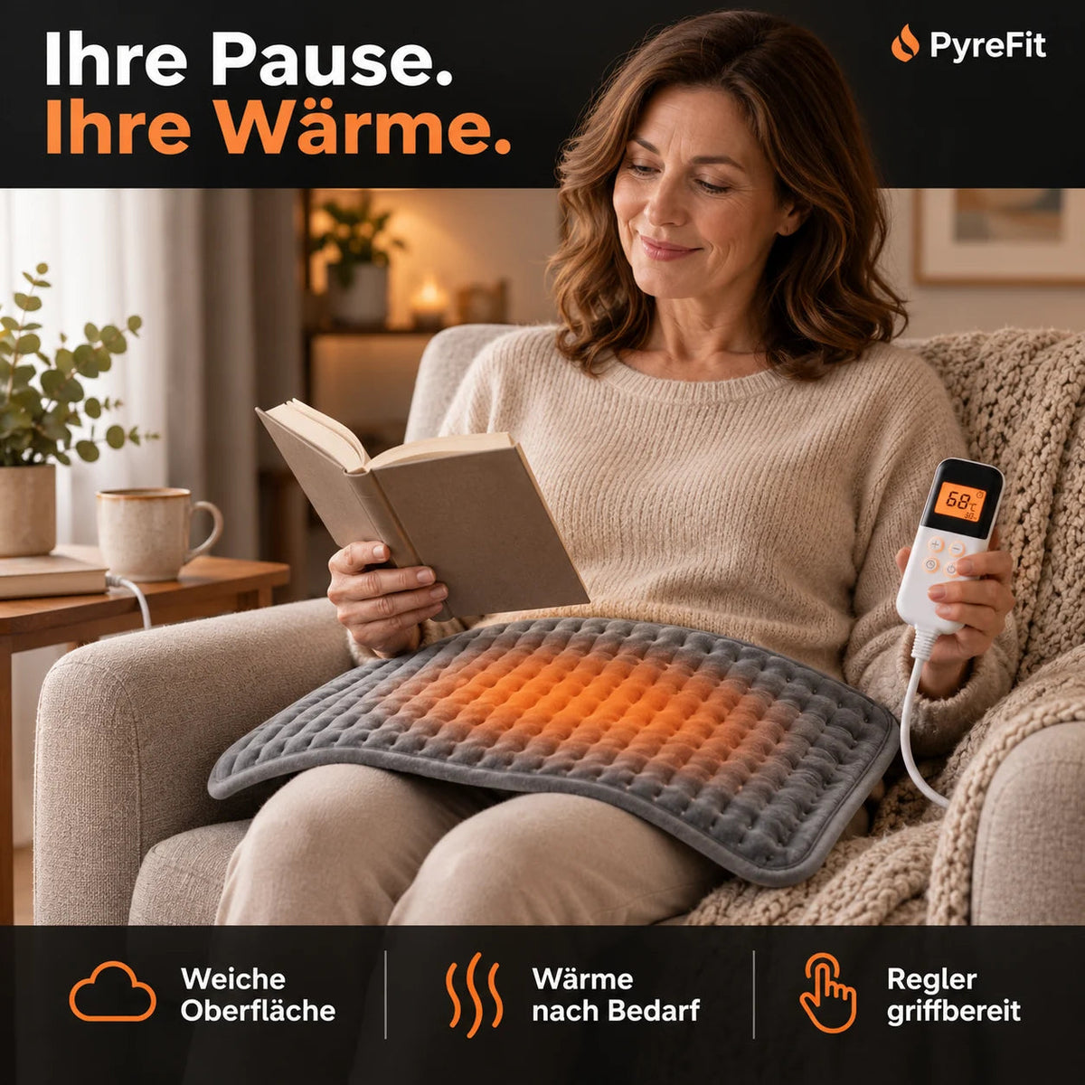 Coussin chauffant électrique sur les genoux pendant une pause lecture