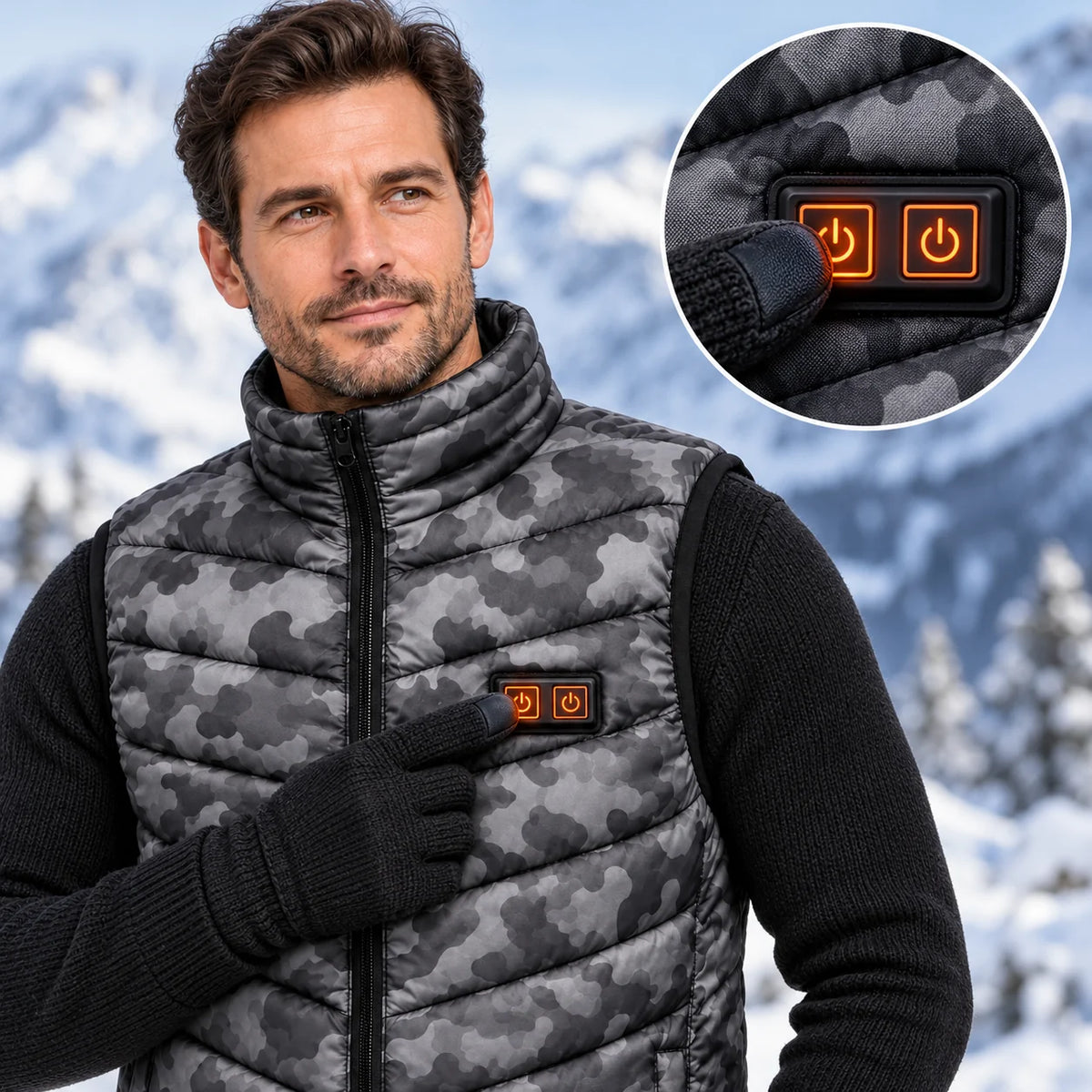 Veste chauffante sans manches camouflage PyreFit Piloto, gros plan sur le bouton de commande