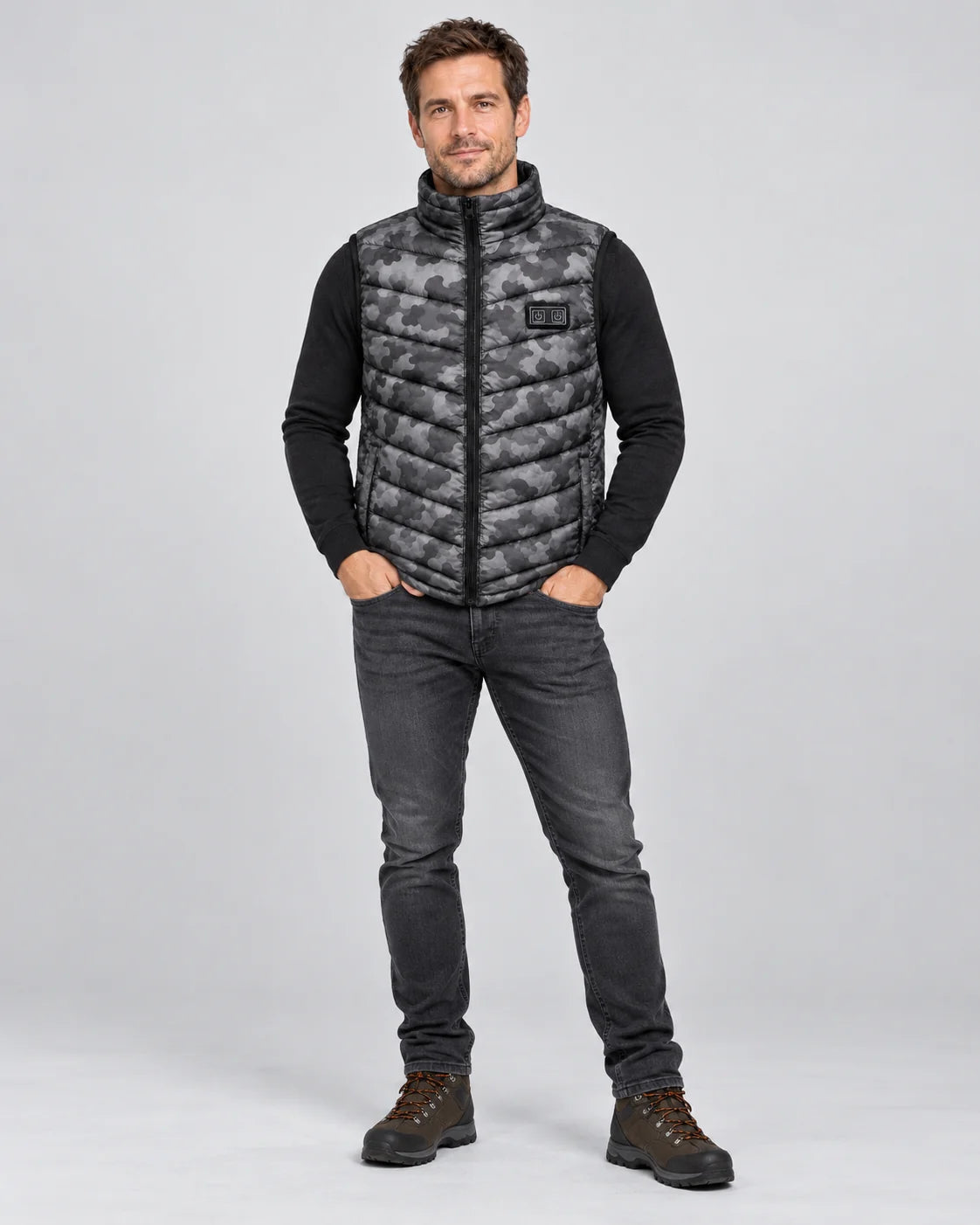 Veste chauffante sans manches camouflage PyreFit Piloto, vue en pied