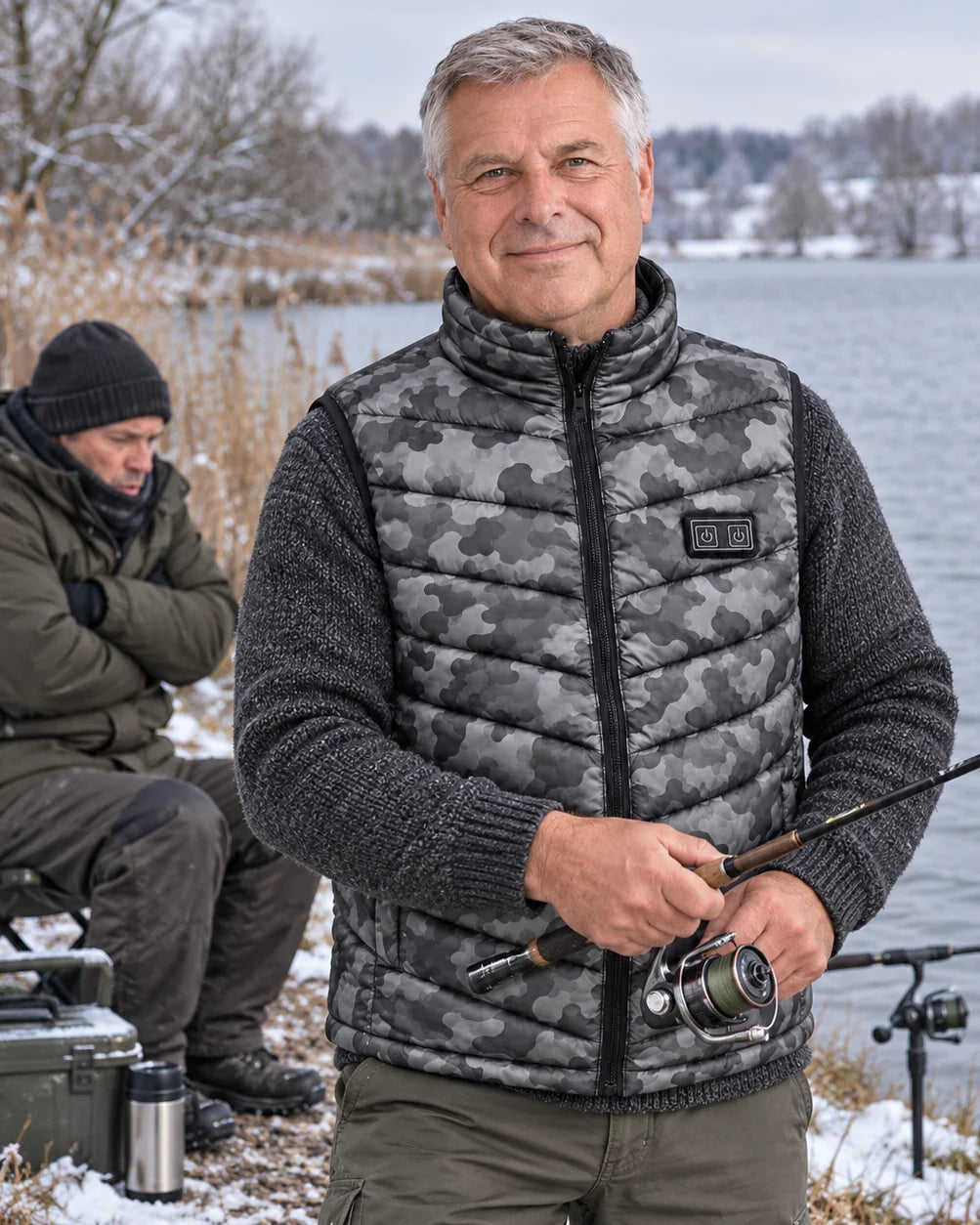Veste chauffante sans manches camouflage PyreFit Piloto au quotidien en hiver : à la pêche