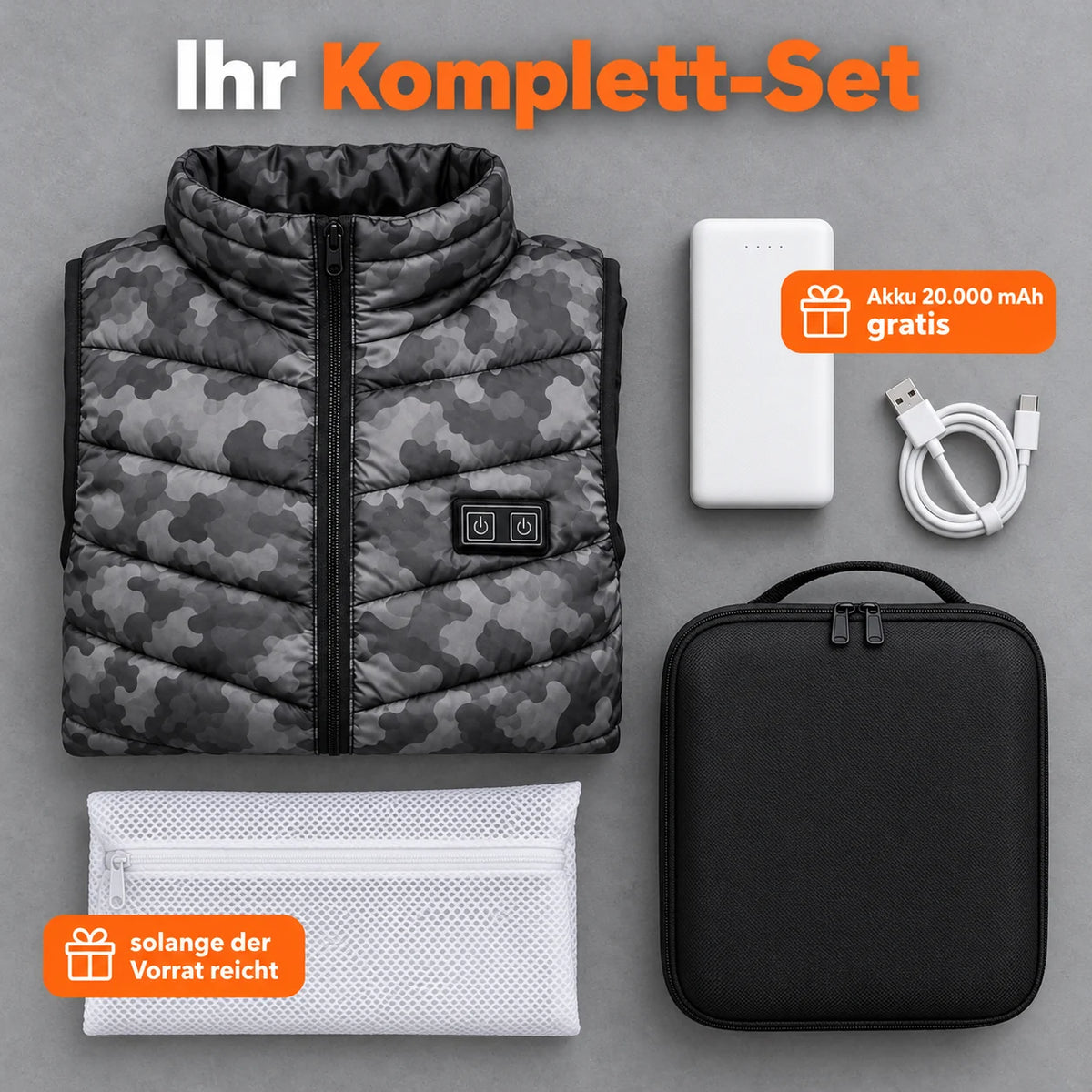 Ensemble complet : Piloto, batterie 20 000 mAh, câble de recharge, sac de lavage et sac de rangement