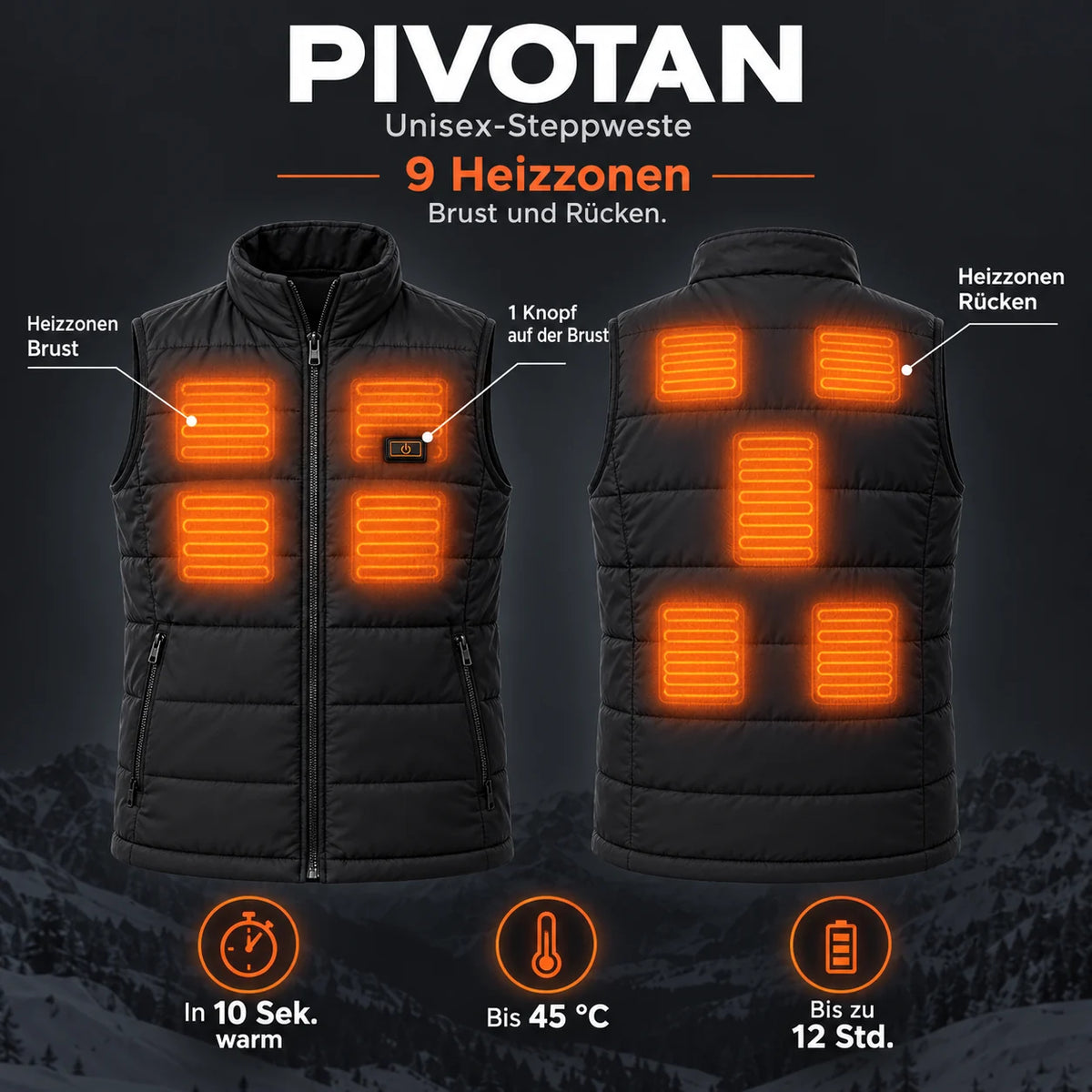 Veste matelassée chauffante sans manches unisexe PyreFit Pivotan : 9 zones chauffantes à la poitrine et au dos