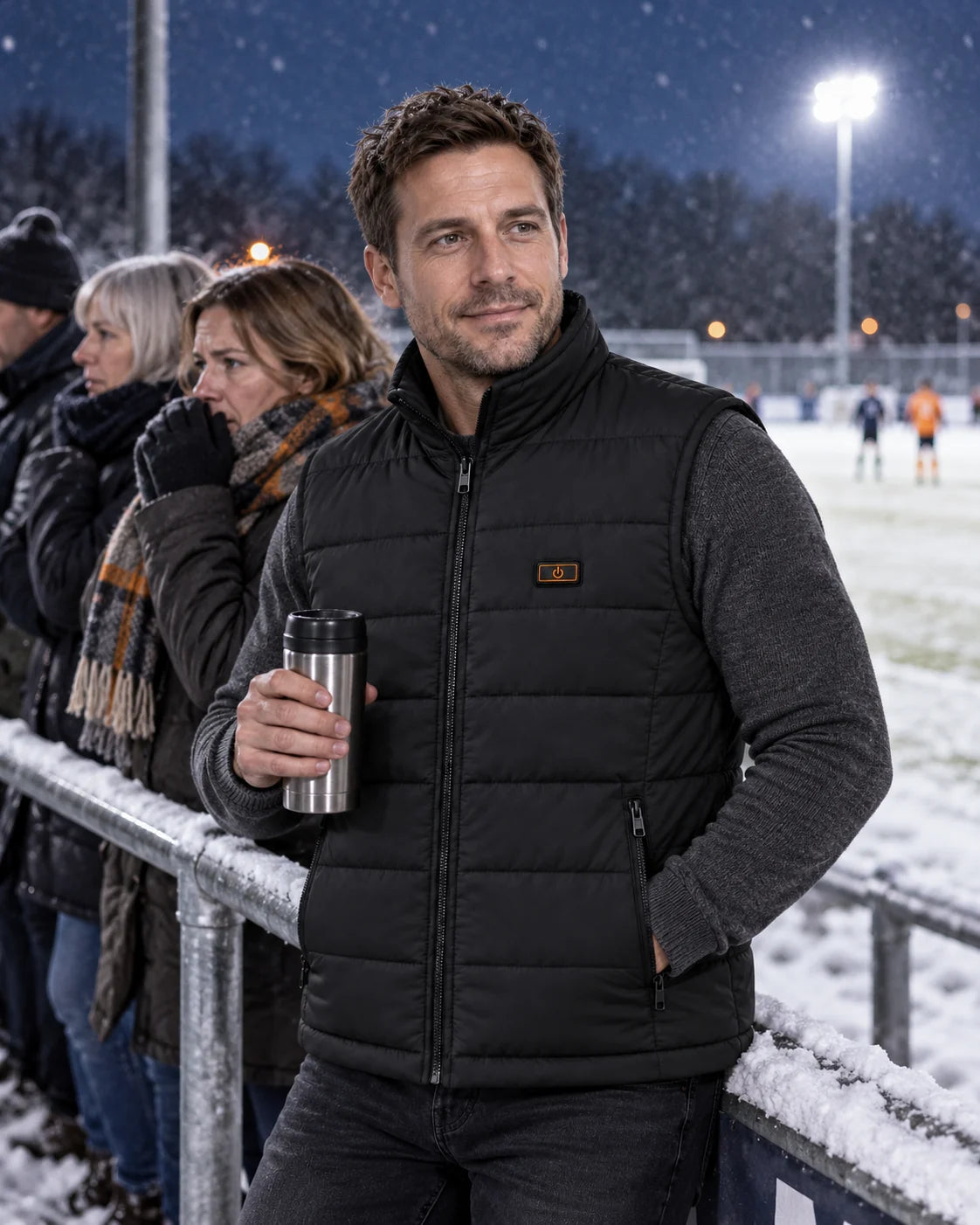 Unisex heated puffer vest PyreFit Pivotan on a winter day: on the sidelines