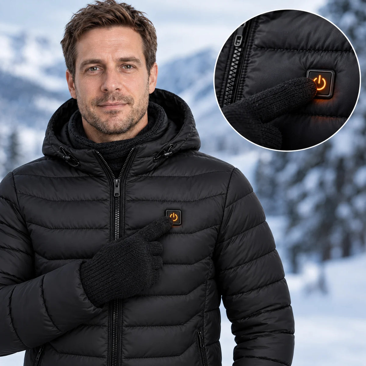Men's heated puffer jacket PyreFit Rangor, control button close-up