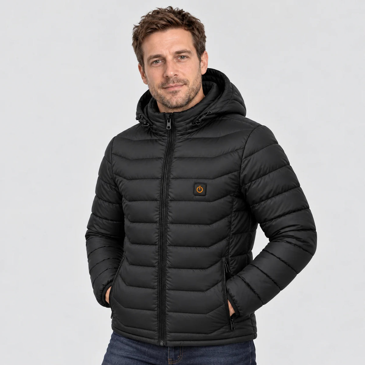 Men's heated puffer jacket PyreFit Rangor, worn, front view