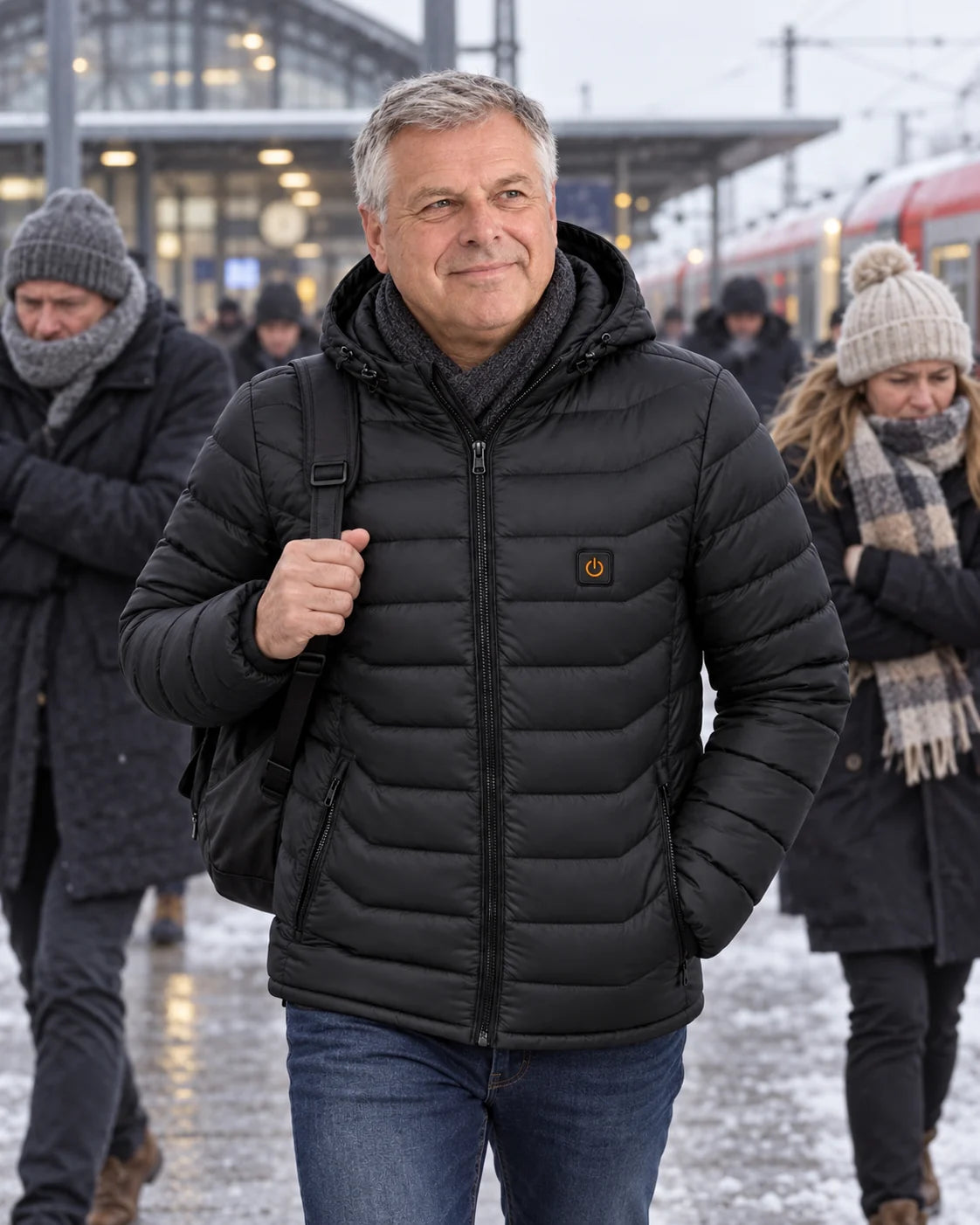 Men's heated puffer jacket PyreFit Rangor on a winter day: on the commute
