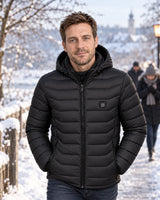 Men's heated puffer jacket PyreFit Rangor on a winter day: on a walk