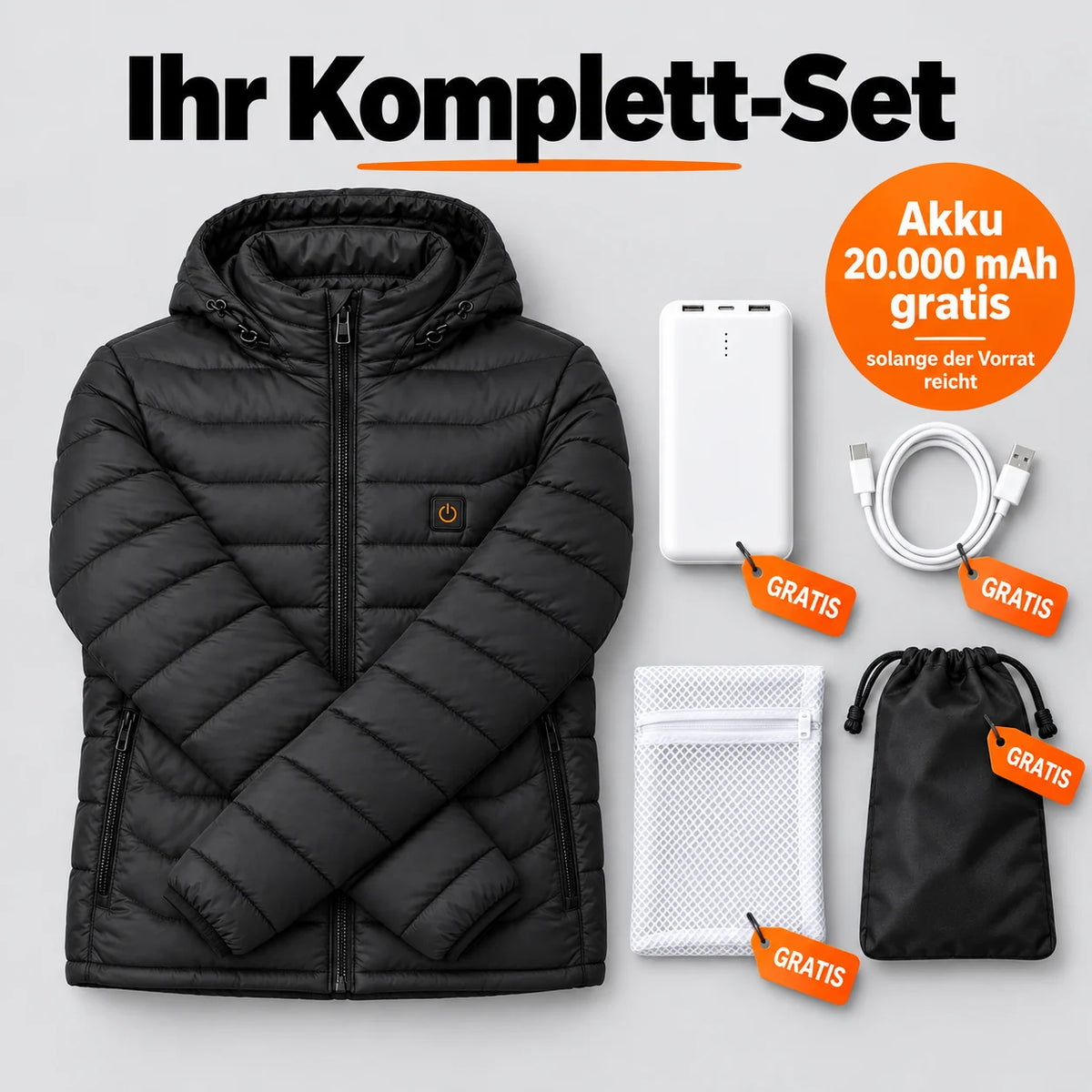 Ensemble complet : Rangor, batterie 20 000 mAh, câble de recharge, sac de lavage et sac de rangement