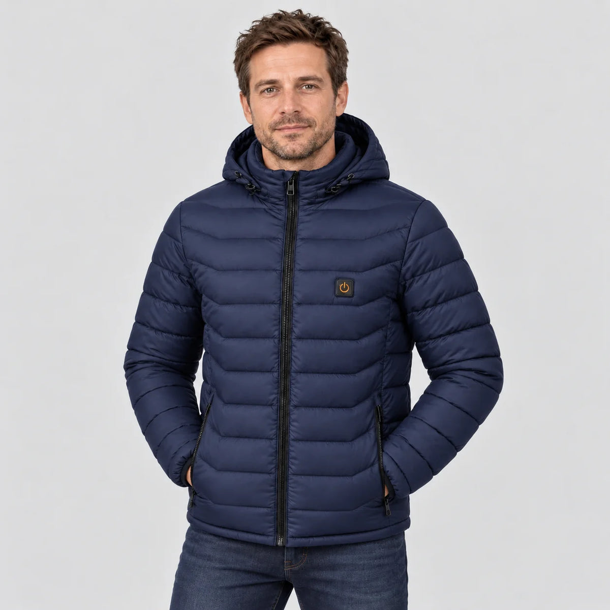 Men's heated puffer jacket PyreFit Rangor in navy, front view
