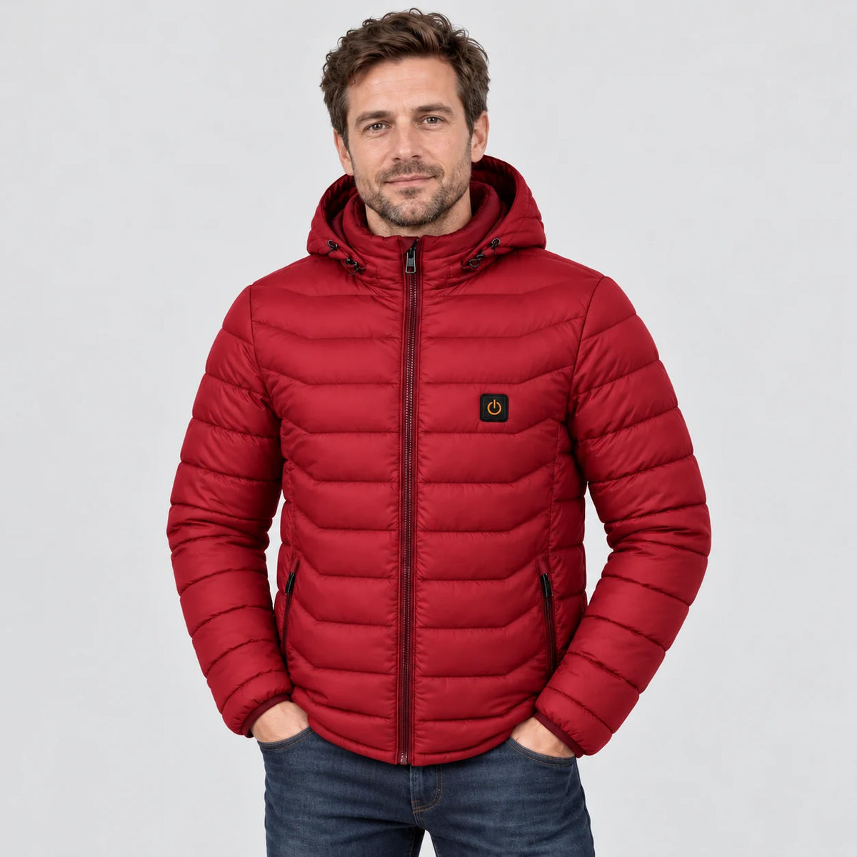 Men's heated puffer jacket PyreFit Rangor in red, front view