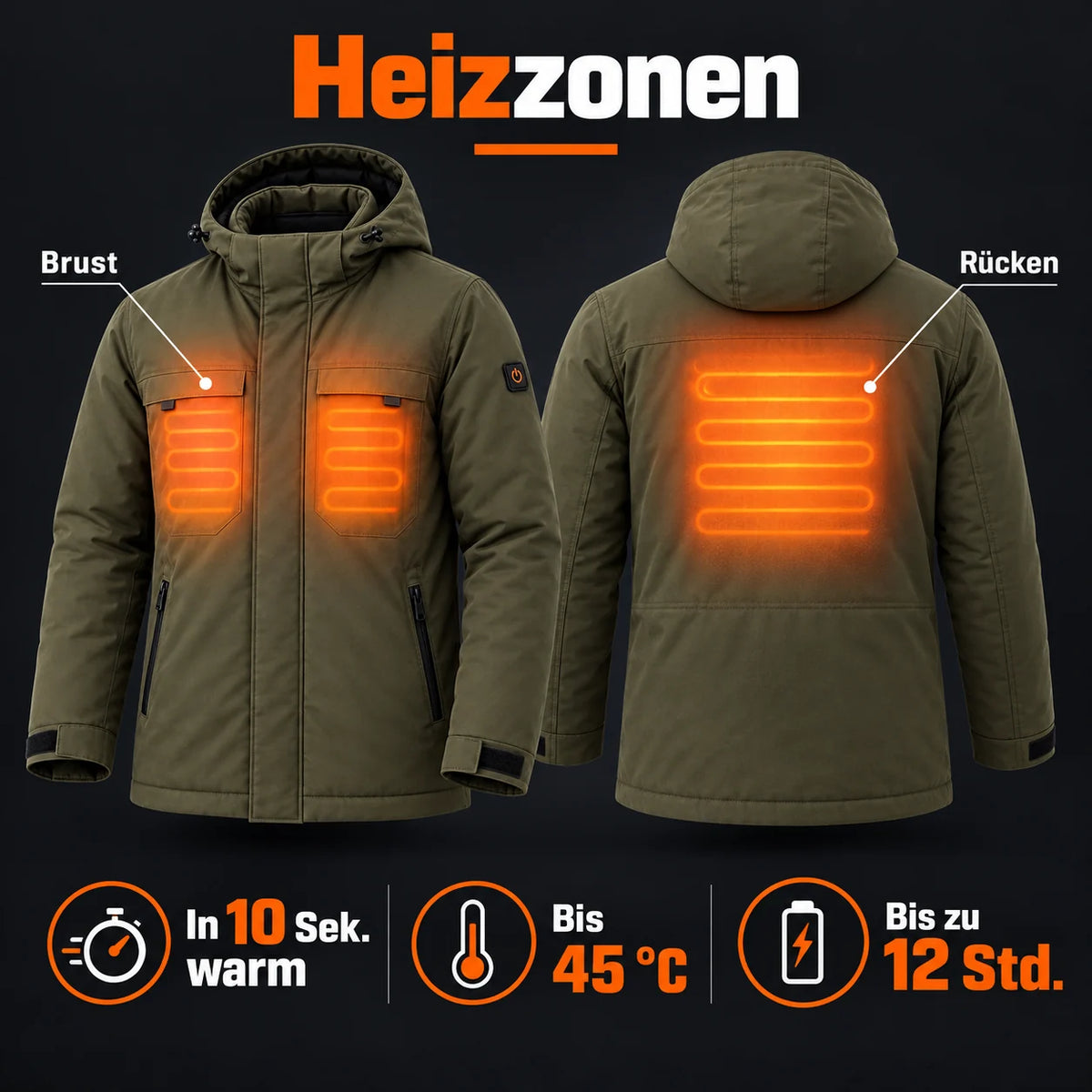 Parka chauffant pour homme PyreFit Regaro : zones chauffantes à la poitrine et au dos
